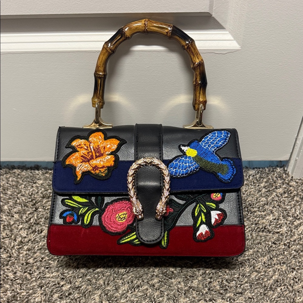 Black Multicolor Embroidered Top-Handle Bag with Bamboo Handle
